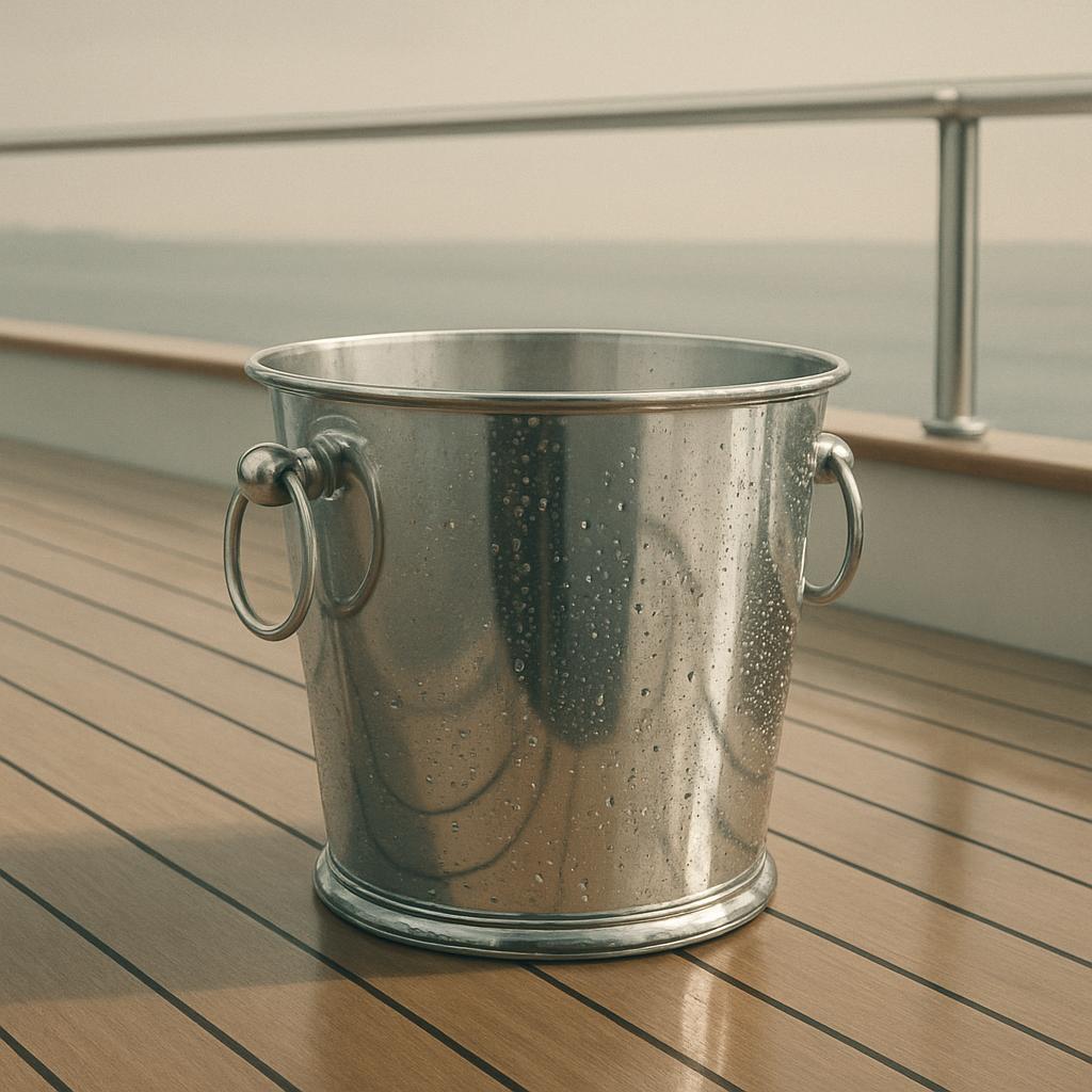 Un récipient en métal brut sur le pont d'un bateau.