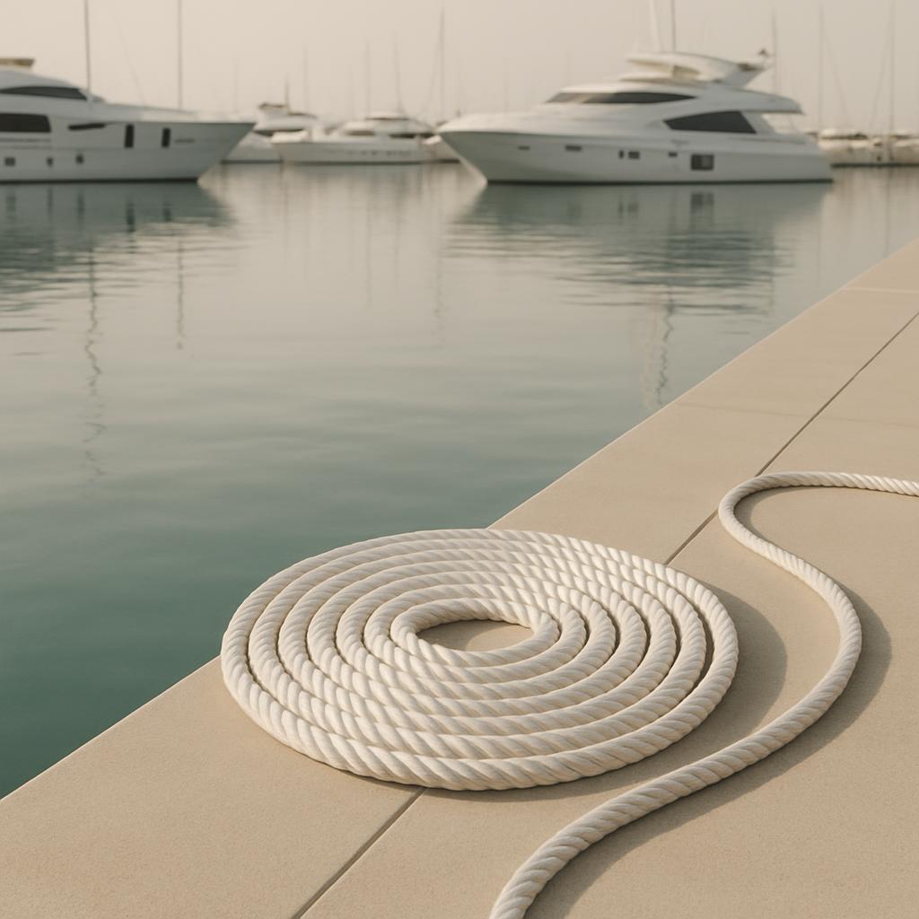 Une corde blanche s'étend sur un ponton proche d'une marina.