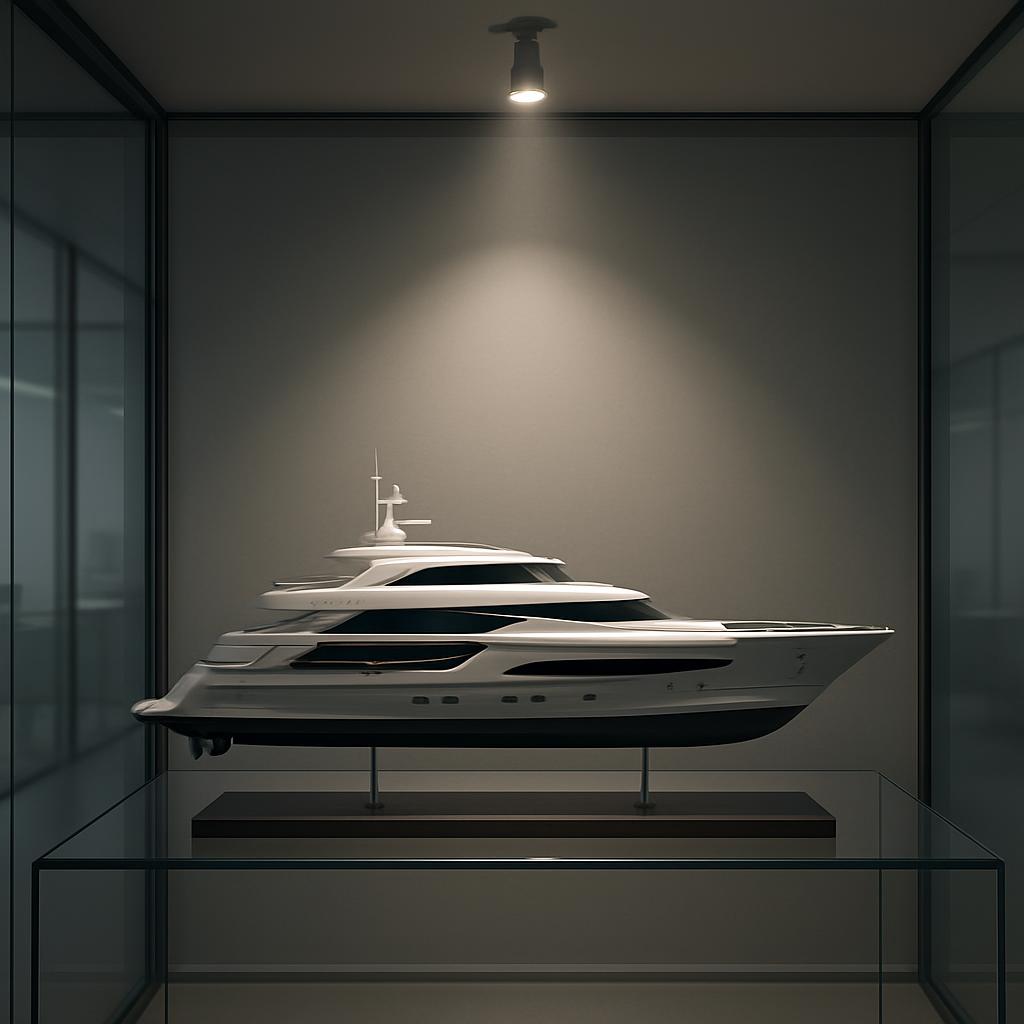 Une Photo d'un Model de yacht simple, en fond blanc, et dans une vitrine.